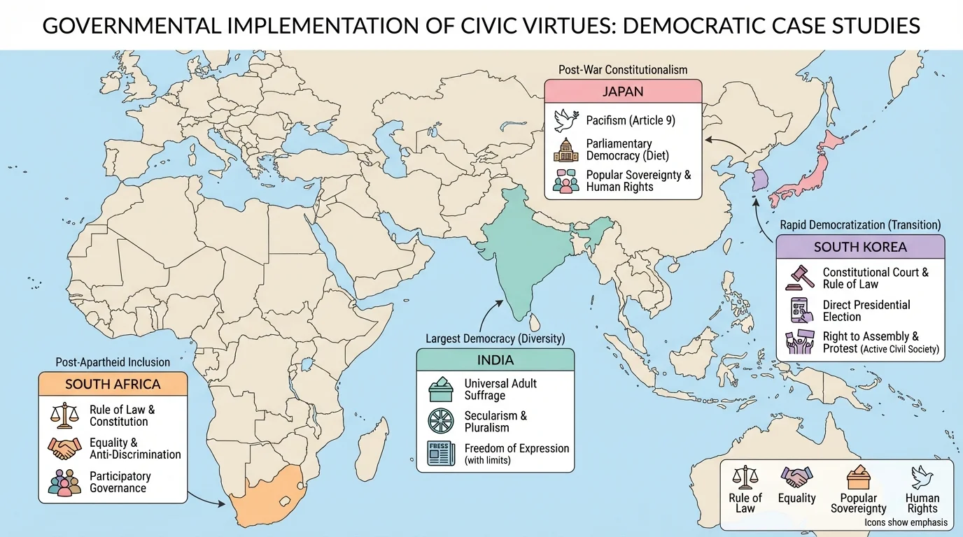 simple political map of the Eastern Hemisphere highlighting India, Japan, South Korea, and South Africa as democratic case studies