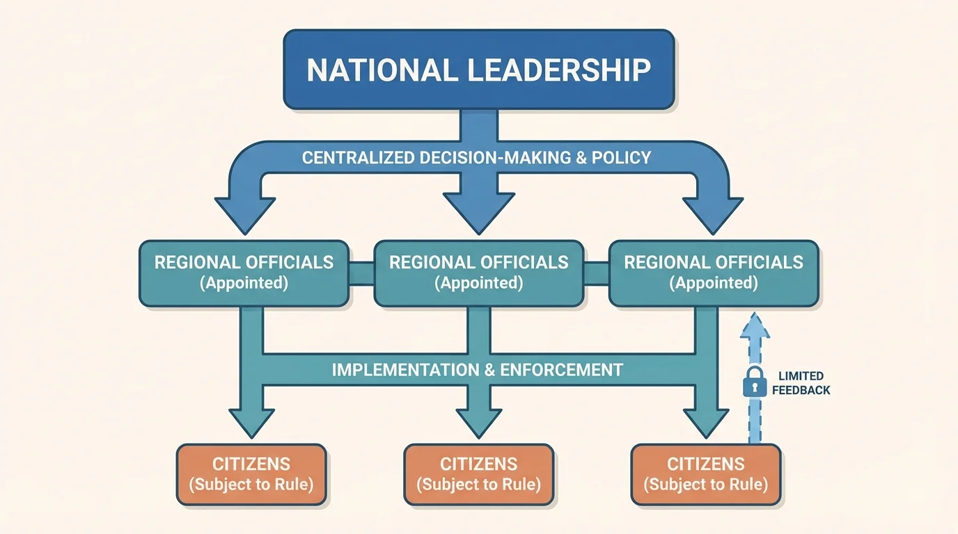flowchart of centralized decision-making in an authoritarian system from national leadership to regional officials to citizens with limited feedback upward