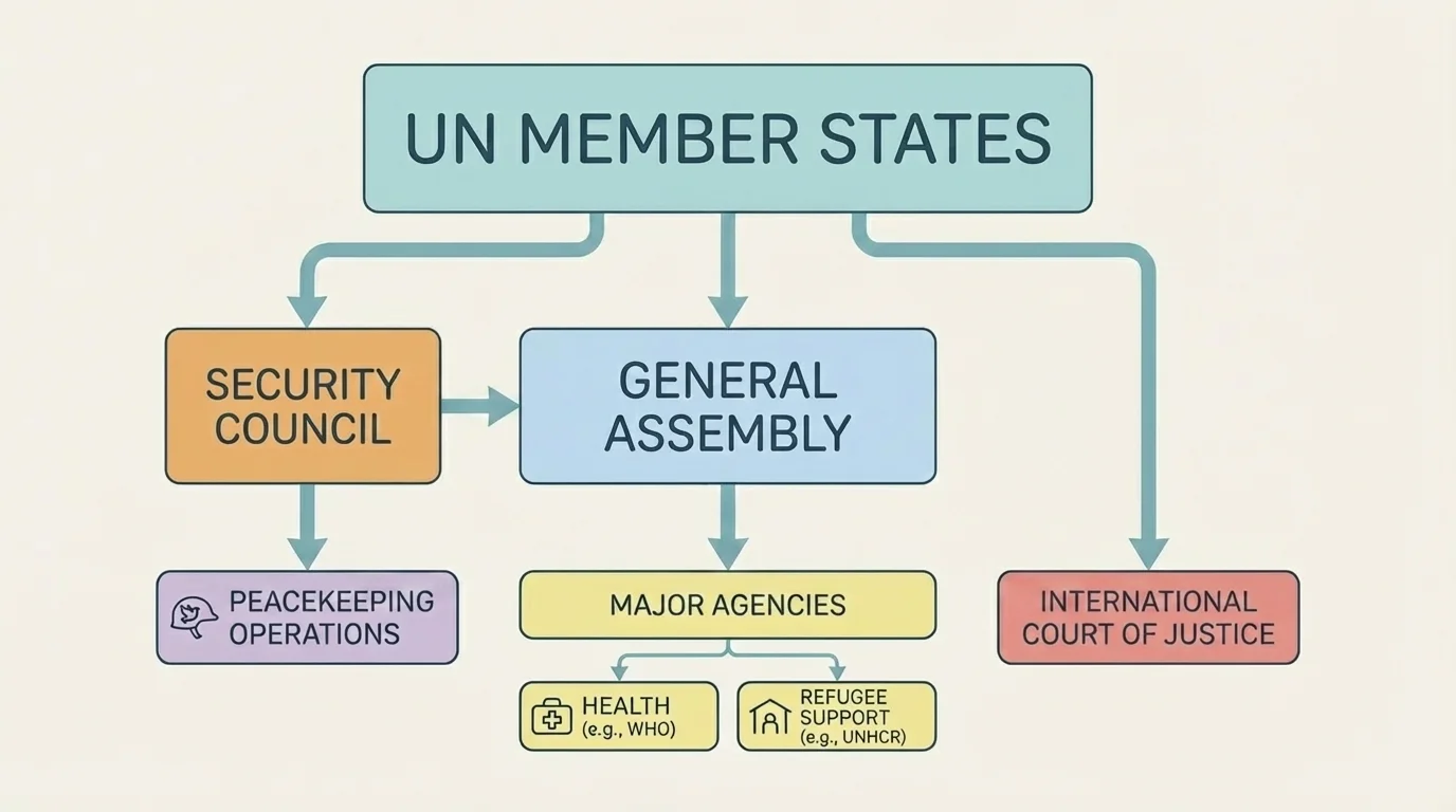 simple organizational diagram showing UN member states connected to the General Assembly, Security Council, peacekeeping operations, and major agencies such as health and refugee support
