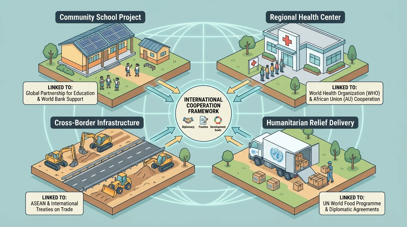 realistic scene showing a school, health clinic, road project, and aid delivery truck, each labeled as linked to international cooperation and organizations