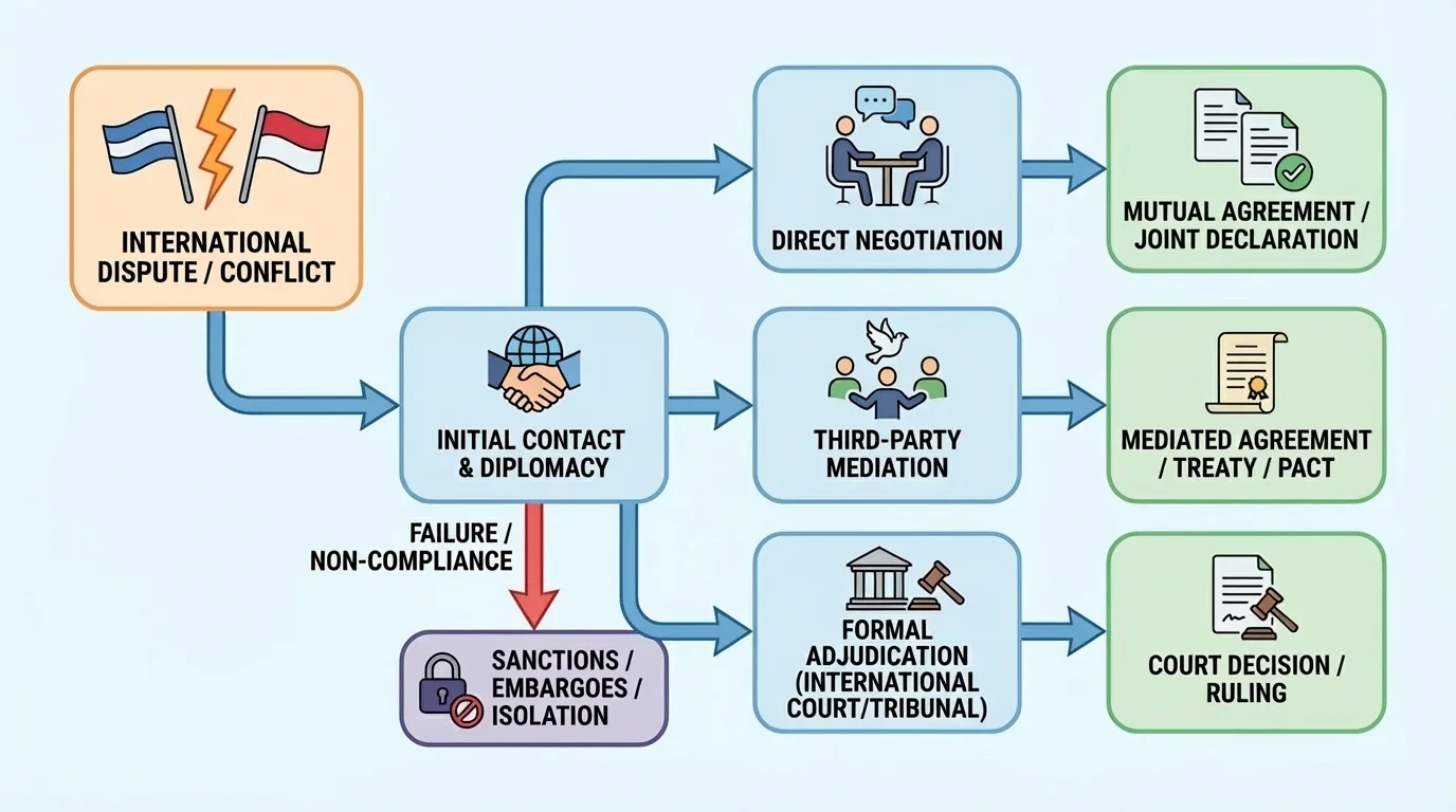 flowchart showing dispute between countries leading to diplomacy, negotiation, mediation, then either agreement, treaty, court decision, or sanctions