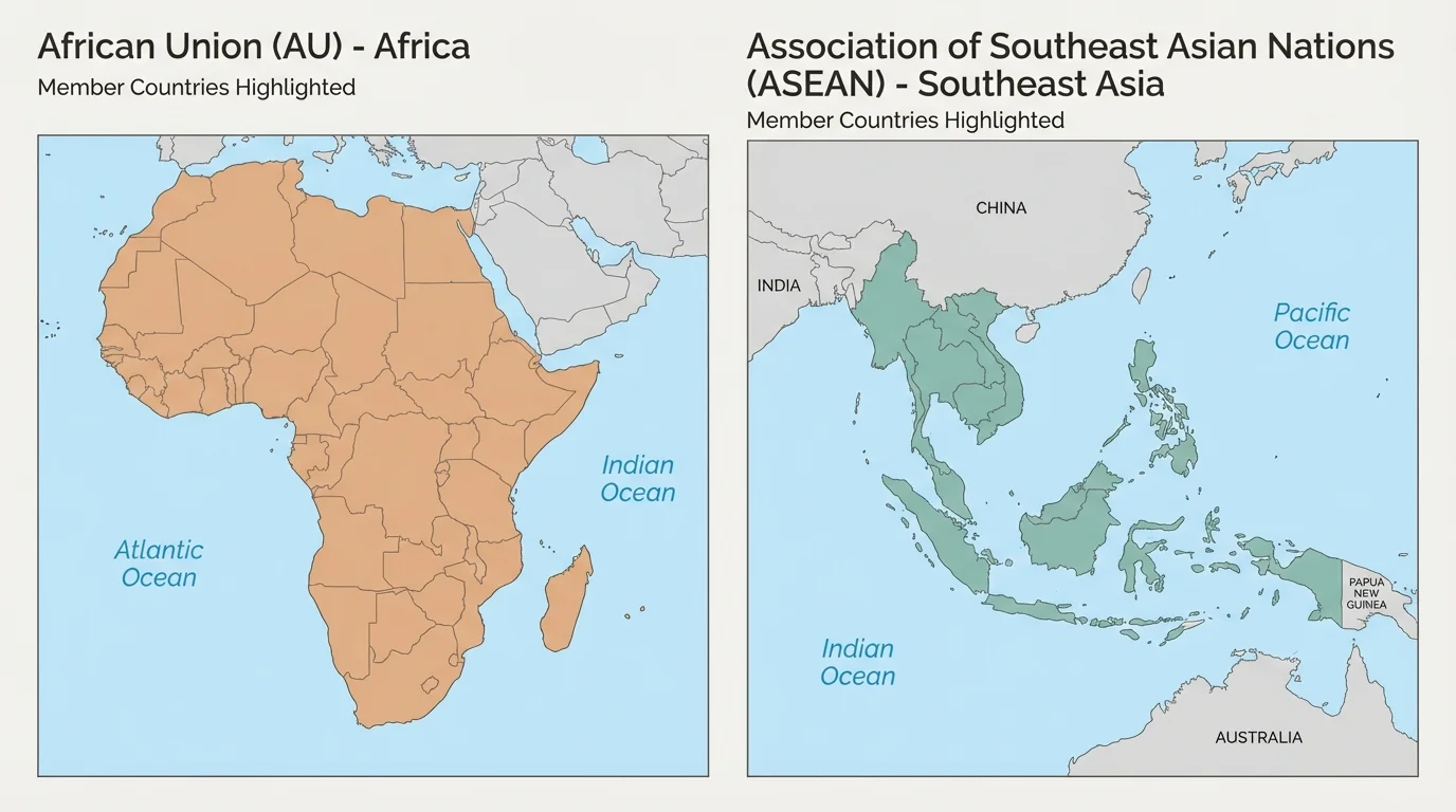 side-by-side map highlighting African Union member countries across Africa and ASEAN member countries in Southeast Asia with simple regional labels