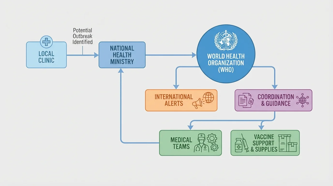 flowchart showing outbreak response from local clinic to national health ministry to WHO to international alerts, medical teams, and vaccine support