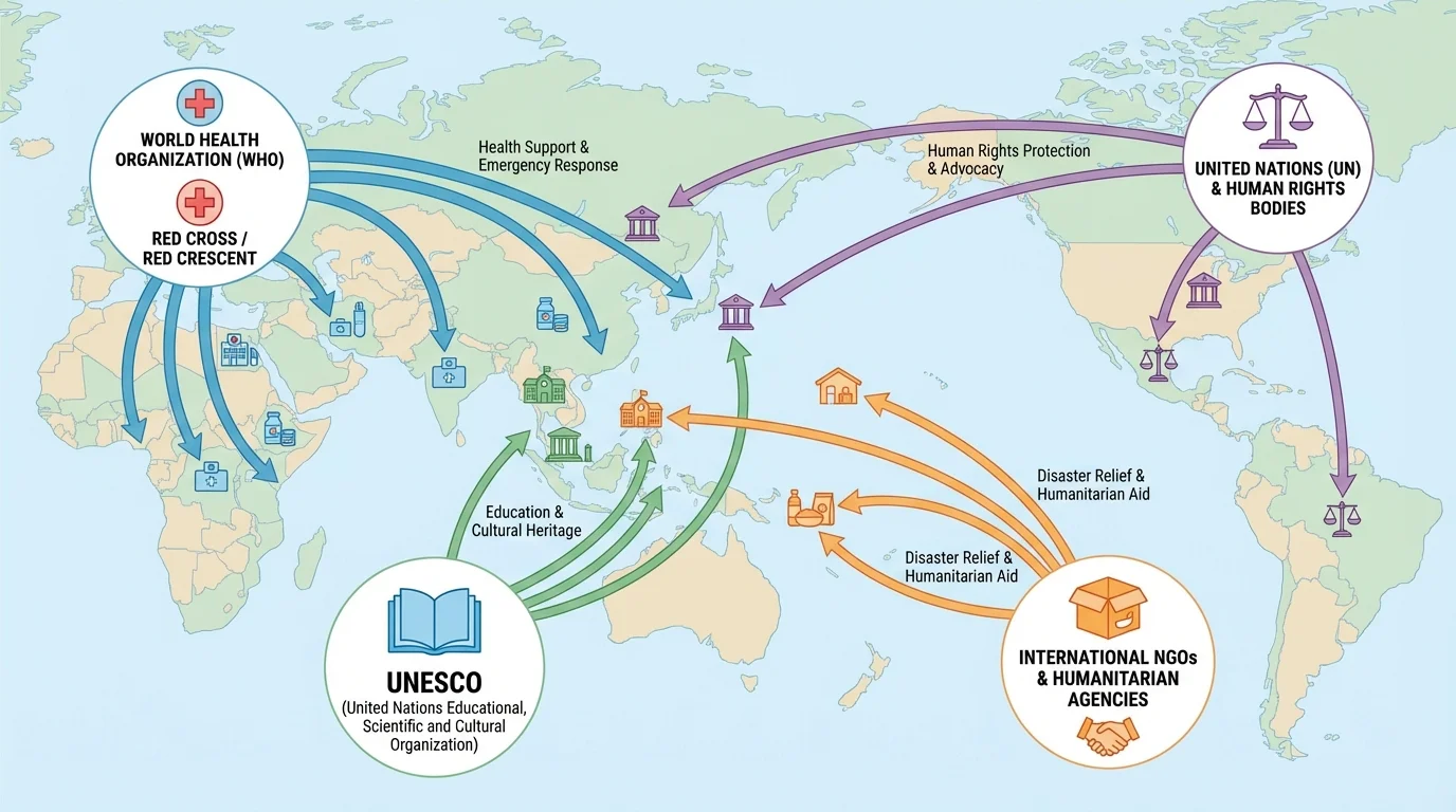 world map centered on the Eastern Hemisphere with arrows linking countries to international organizations for health, education, disaster relief, and human rights; include simple icons such as medical cross, book, food box, and justice scale