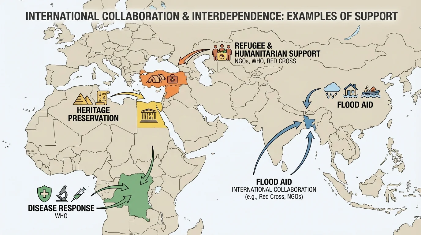 Eastern Hemisphere map highlighting Bangladesh for flood aid, Syria-Turkey region for refugee and humanitarian support, Democratic Republic of the Congo for disease response, and Egypt for heritage preservation, each marked with simple icons