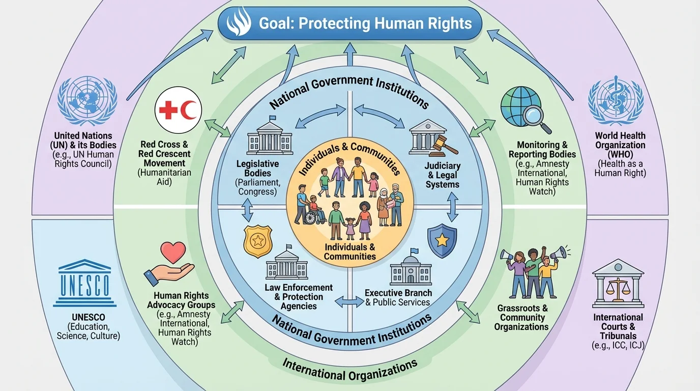 layered diagram showing individuals at the center, then national government institutions, NGOs, and international organizations around them, all connected to the goal of protecting human rights
