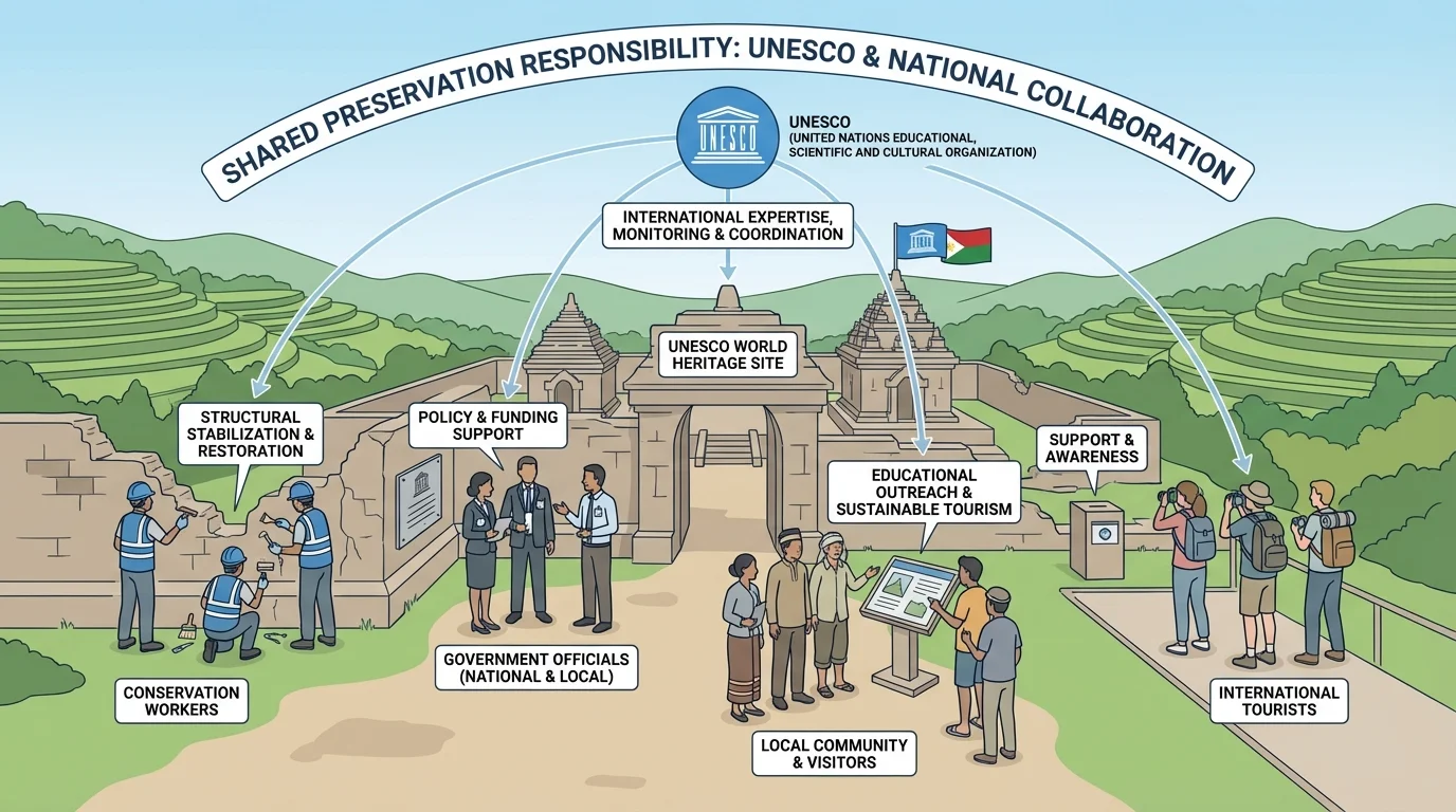 a UNESCO heritage site in the Eastern Hemisphere with conservation workers, local visitors, tourists, government officials, and UNESCO support labels showing shared preservation responsibility