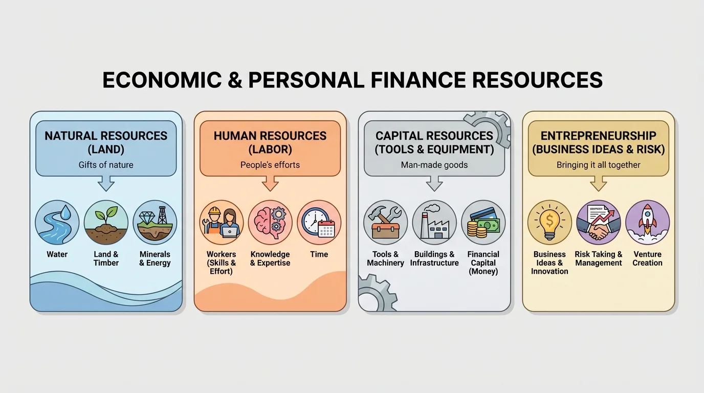 Chart showing natural, human, capital, and entrepreneurship resources with simple examples like water, workers, tools, and business ideas
