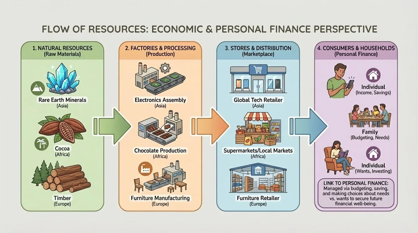 Flowchart showing natural resources to factories to stores to consumers, with examples from Asia, Africa, and Europe