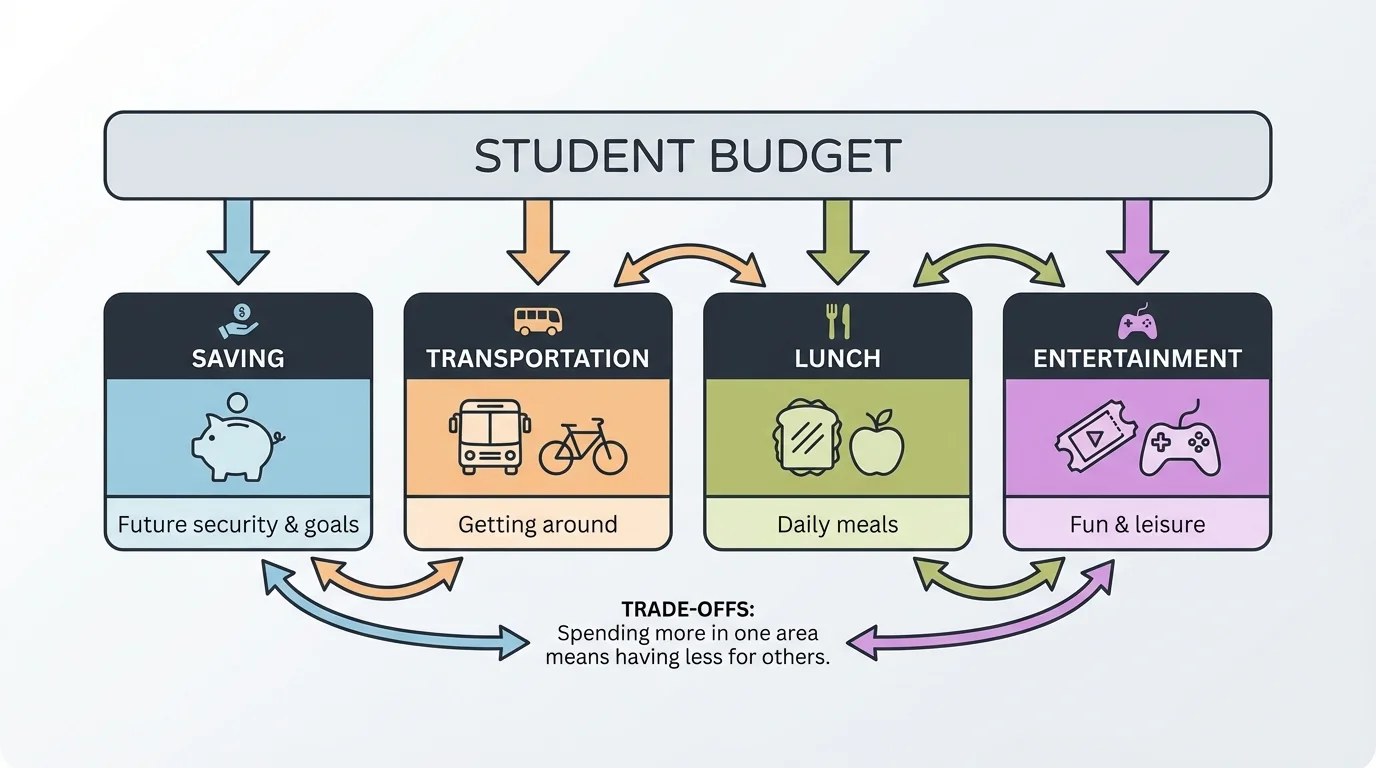 Illustration of a student budget split among saving, transportation, lunch, and entertainment, with arrows showing trade-offs