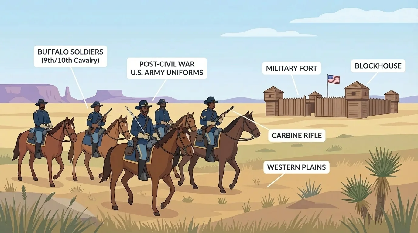 illustration of Buffalo Soldiers on horseback in the western plains near a fort during post-Civil War service