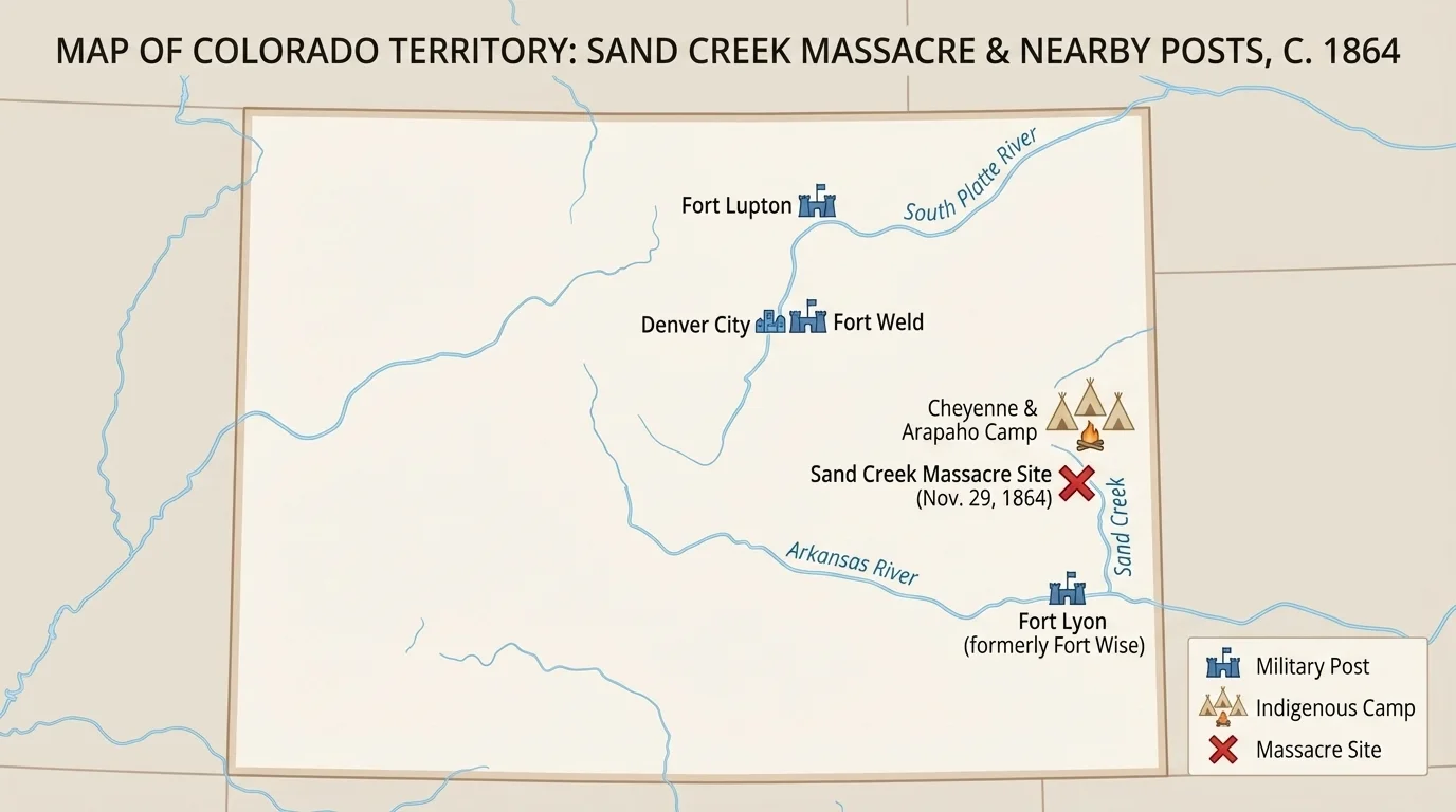 map of Colorado Territory locating Sand Creek, nearby military posts, and the Cheyenne and Arapaho camp
