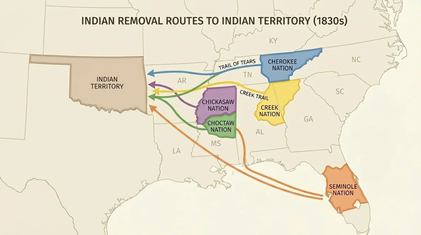 map of the southeastern United States showing Cherokee, Creek, Choctaw, Chickasaw, and Seminole homelands and removal routes to Indian Territory