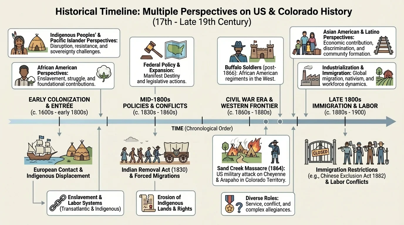 timeline showing major events from early European colonization through the Indian Removal Act, Sand Creek Massacre, Buffalo Soldiers service, and late 1800s immigration conflicts