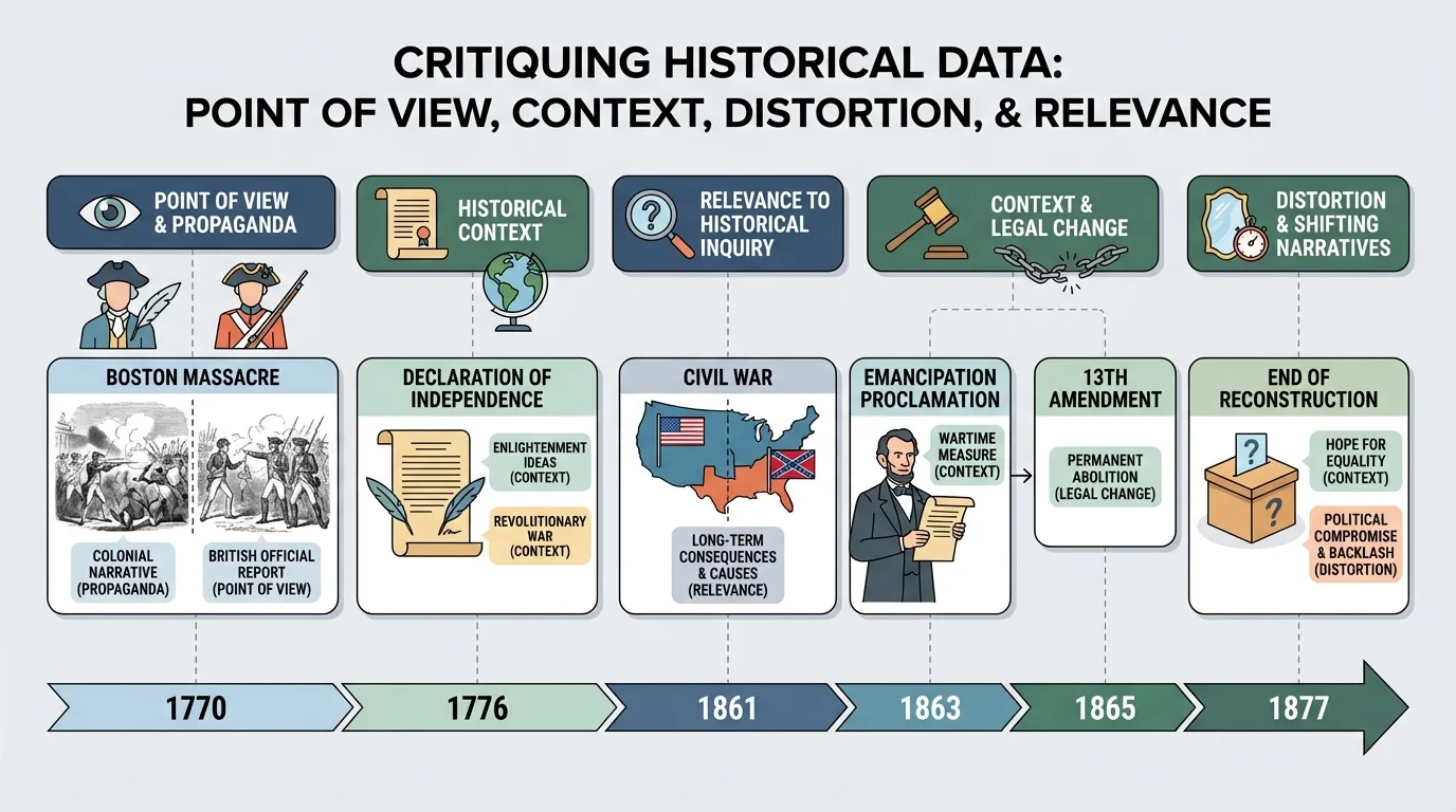 timeline with selected events including Boston Massacre, Declaration of Independence, Civil War, Emancipation Proclamation, 13th Amendment, and end of Reconstruction