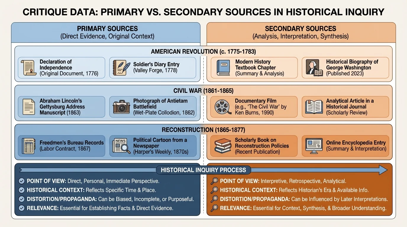 chart comparing primary and secondary sources with examples from the American Revolution, Civil War, and Reconstruction