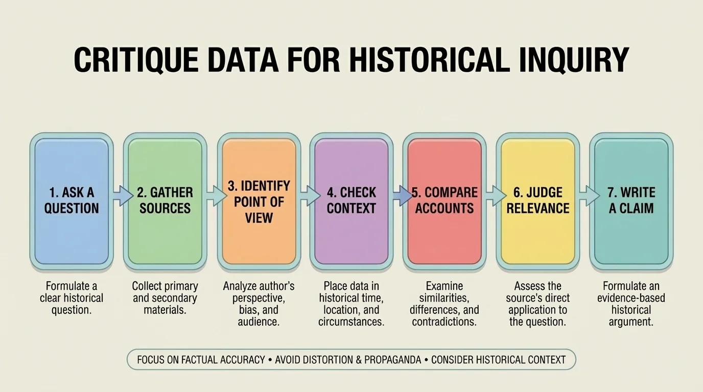 flowchart showing ask a question, gather sources, identify point of view, check context, compare accounts, judge relevance, and write a claim