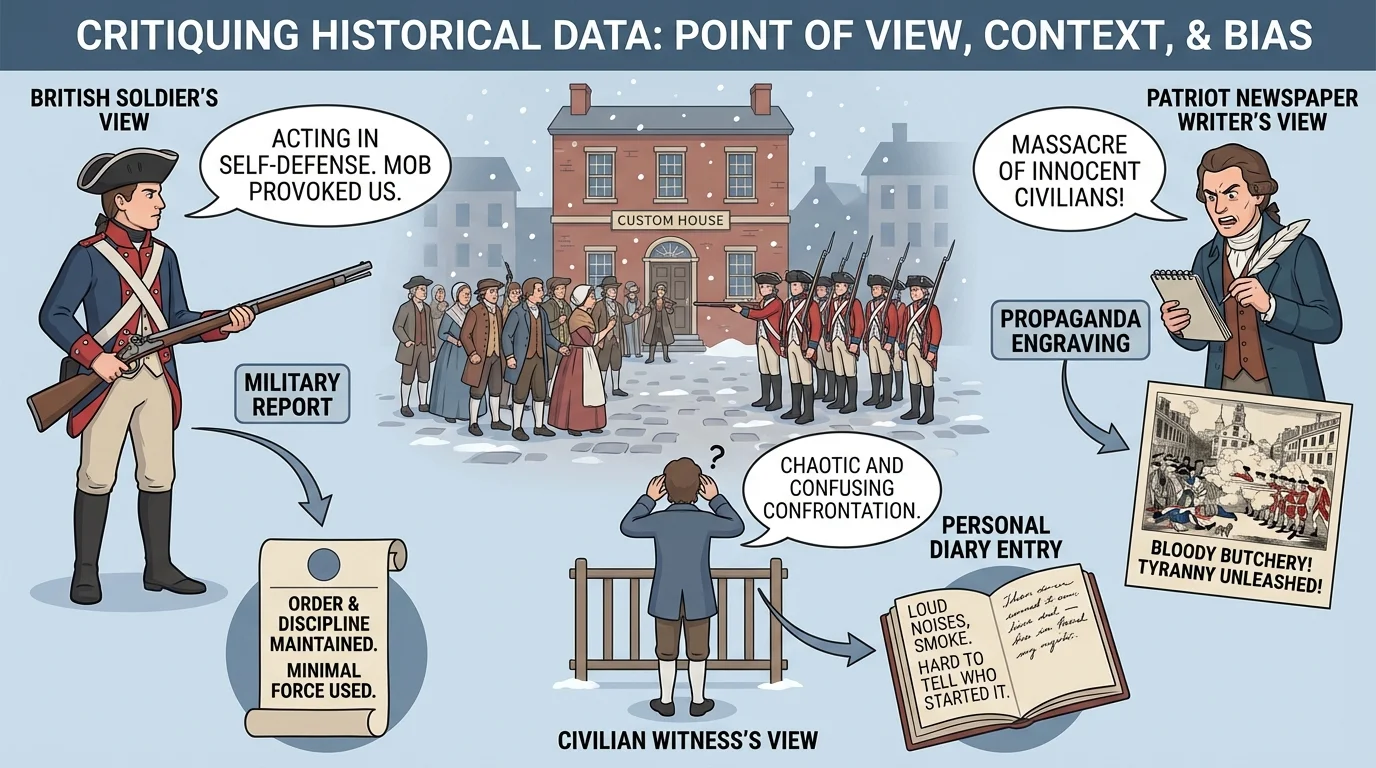 illustration of the Boston Massacre scene with a British soldier, a Patriot newspaper writer, and a civilian witness viewing the same event from different positions