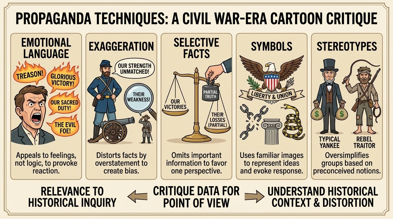 chart showing propaganda techniques such as emotional language, exaggeration, selective facts, symbols, and stereotypes using a Civil War-era political cartoon style