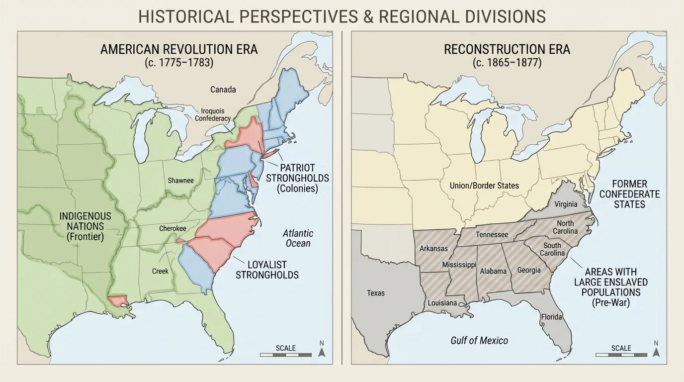 eastern United States map labeled with major perspective groups during the Revolution and Reconstruction, including Patriots in the colonies, Loyalist strongholds, Indigenous nations on the frontier, areas of large enslaved populations in the South, and former Confederate states during Reconstruction