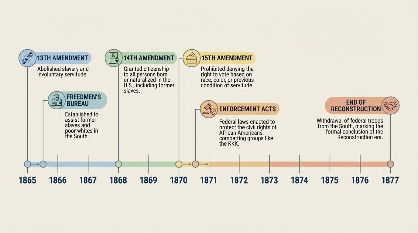 timeline from 1865 to 1877 showing 13th Amendment, Freedmen's Bureau, 14th Amendment, 15th Amendment, Enforcement Acts, and end of Reconstruction