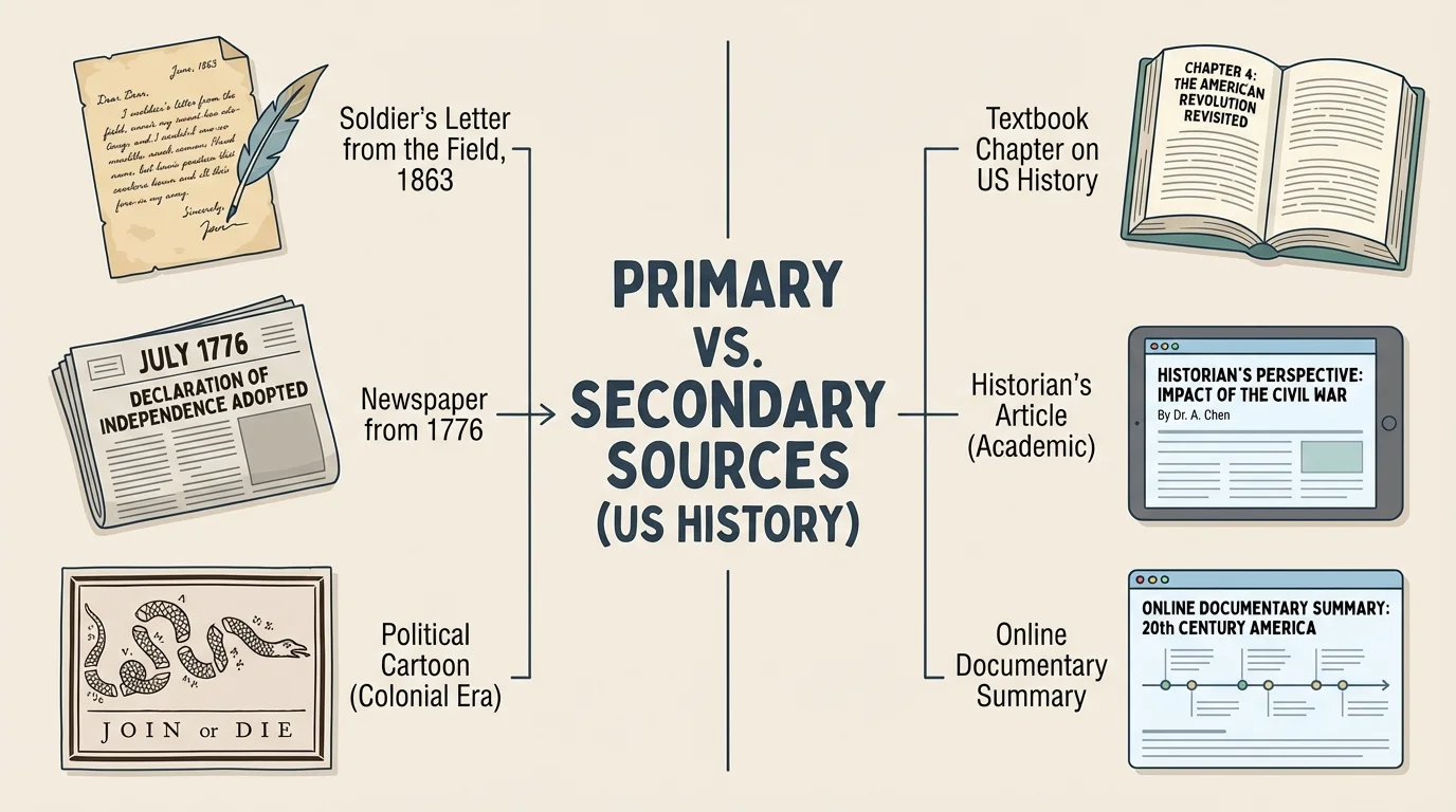 comparison chart showing examples of primary and secondary sources from United States history, including a soldier's letter, newspaper from 1776, political cartoon, textbook chapter, and historian article labeled by source type