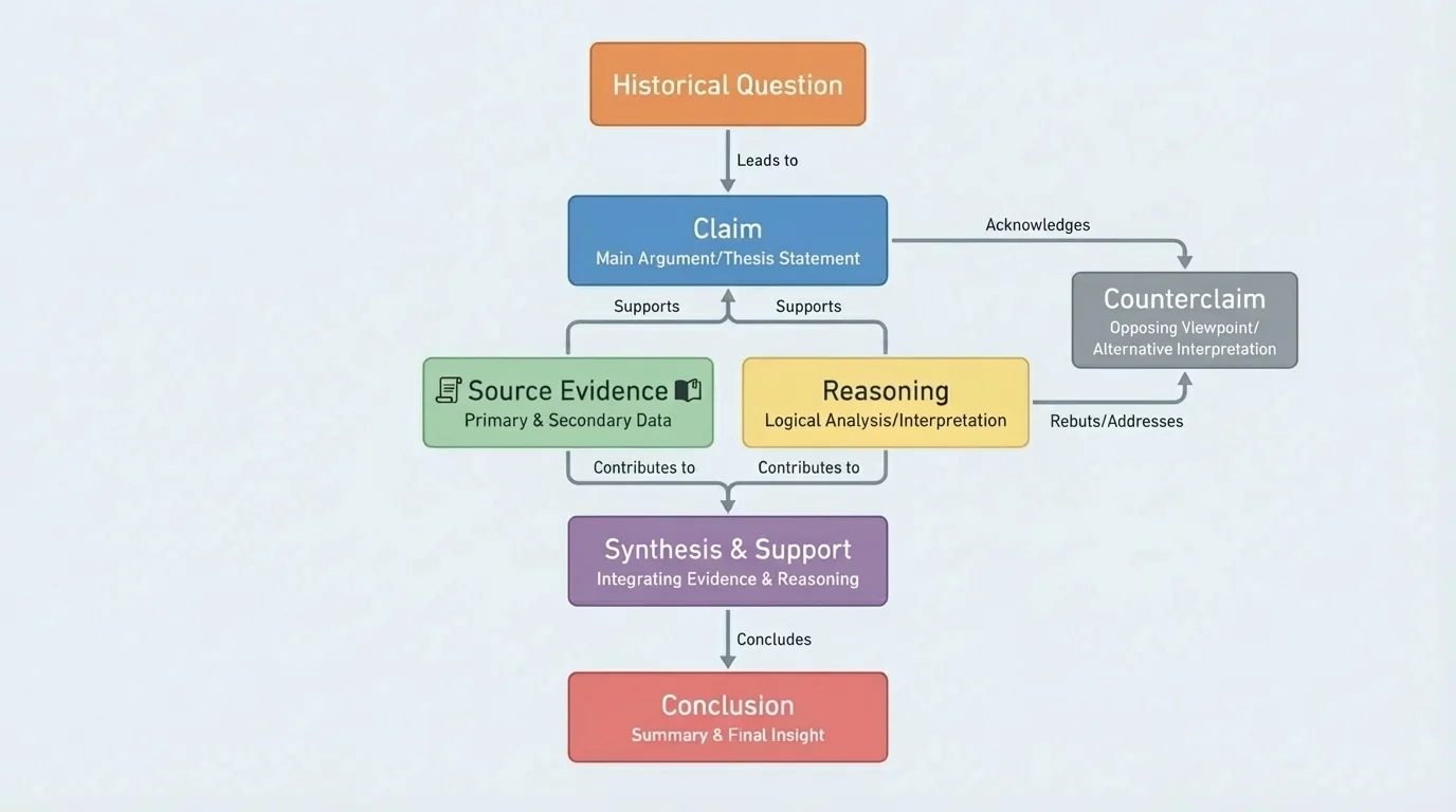 flowchart showing essay structure with boxes labeled historical question, claim, source evidence, reasoning, counterclaim, and conclusion connected by arrows