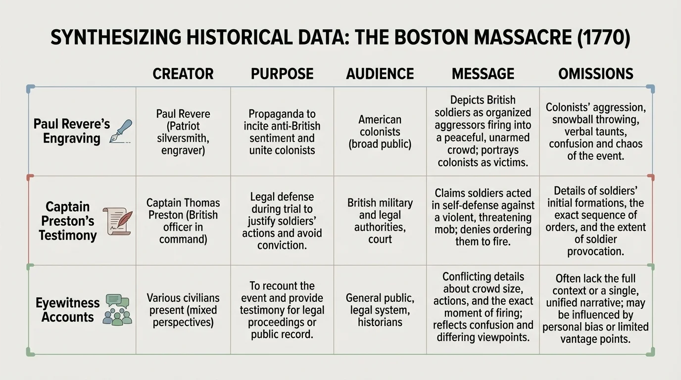 chart comparing Paul Revere engraving, Captain Preston testimony, and eyewitness accounts with columns for creator, purpose, audience, message, and omissions