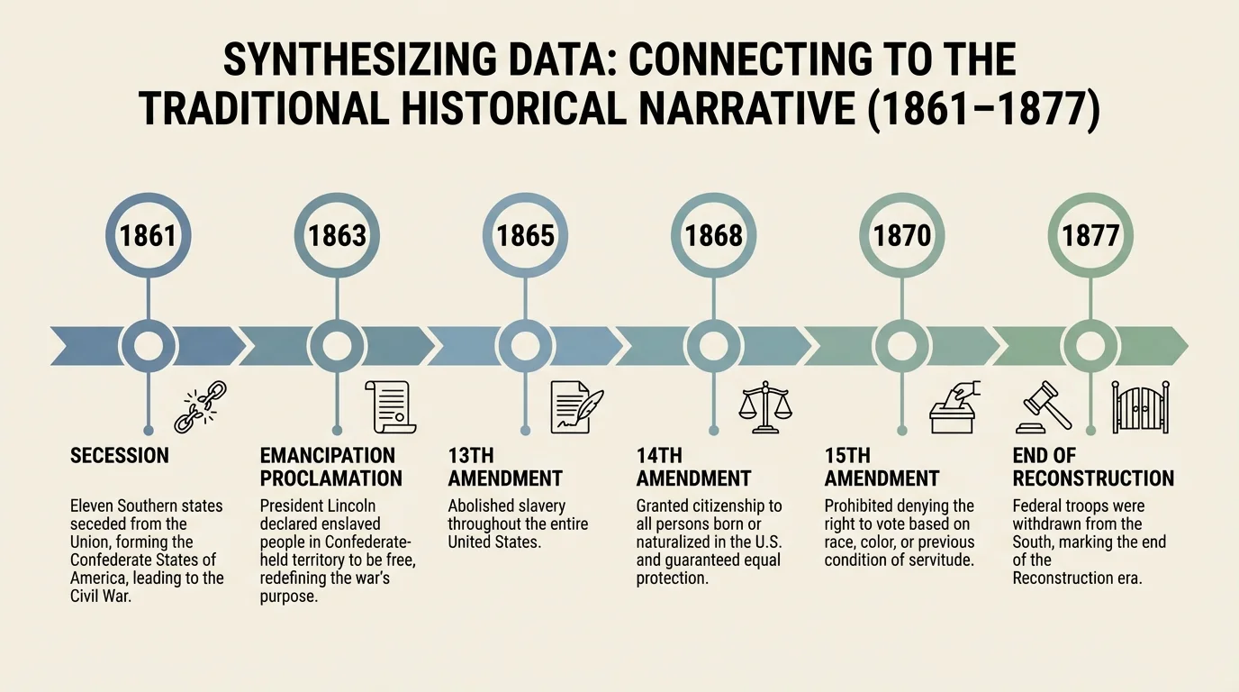 timeline with key events 1861 secession, 1863 Emancipation Proclamation, 1865 13th Amendment, 1868 14th Amendment, 1870 15th Amendment, 1877 end of Reconstruction