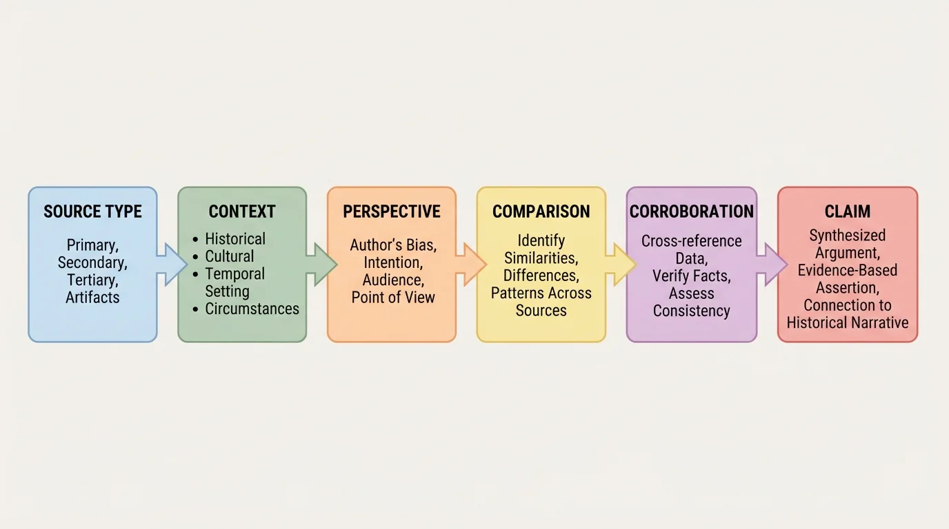flowchart showing historical synthesis steps with boxes labeled source type, context, perspective, comparison, corroboration, and claim connected by arrows
