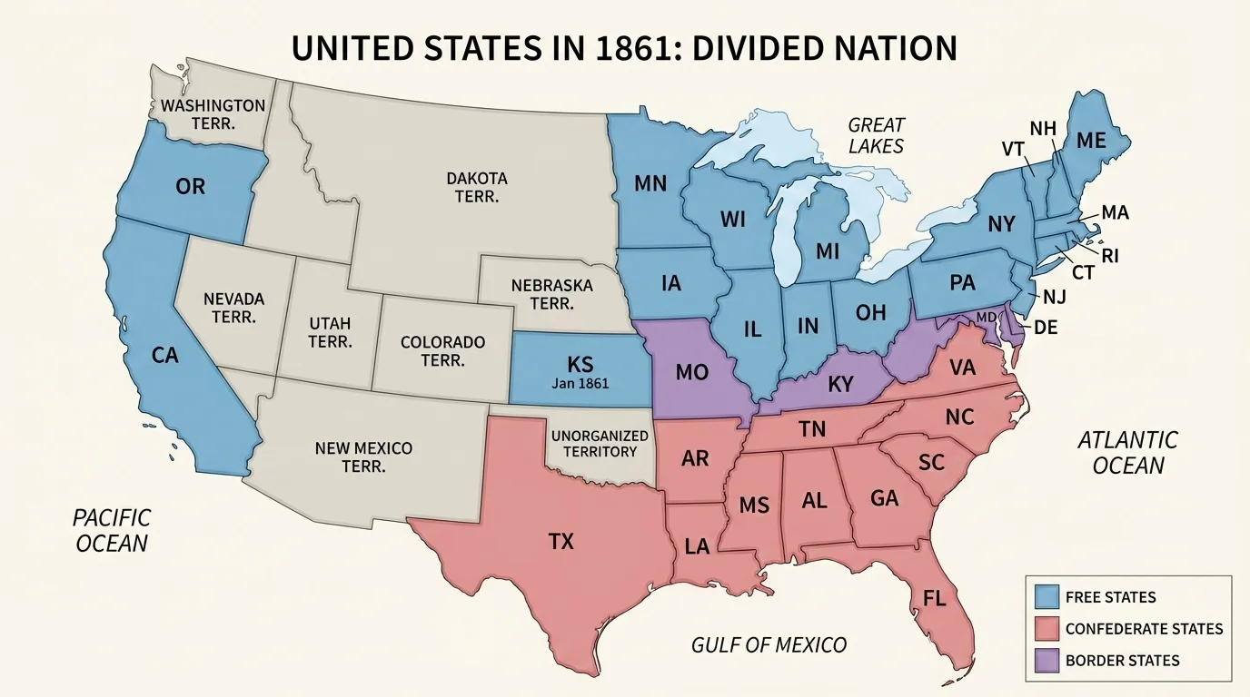 map of the United States in 1861 with free states, slave states in the Confederacy, and border states shaded in different colors