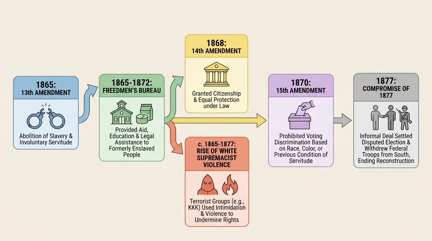 timeline showing 13th Amendment, Freedmen's Bureau, 14th Amendment, 15th Amendment, rise of white supremacist violence, and Compromise of 1877