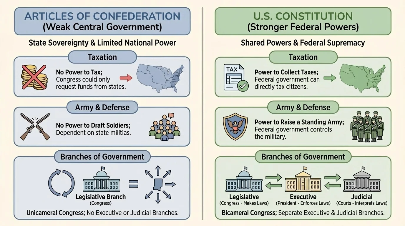 chart comparing weak central government under the Articles of Confederation with stronger federal powers under the Constitution, including taxation, army, and branches of government