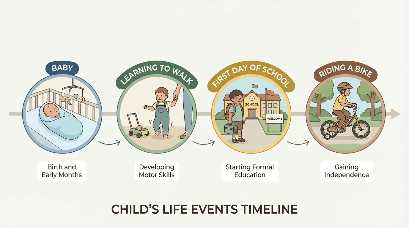 Illustration of a child at different life events: baby, learning to walk, first day of school, riding a bike