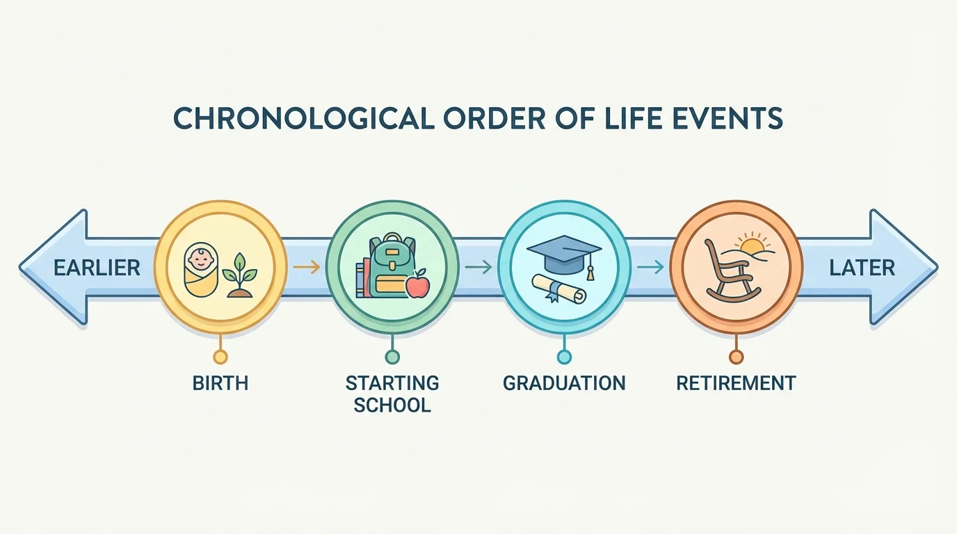 Timeline with four events and arrows showing left means earlier and right means later