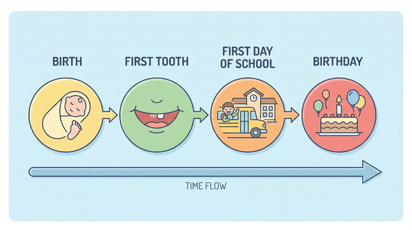 Simple timeline showing birth, first tooth, first day of school, and birthday from earliest to latest