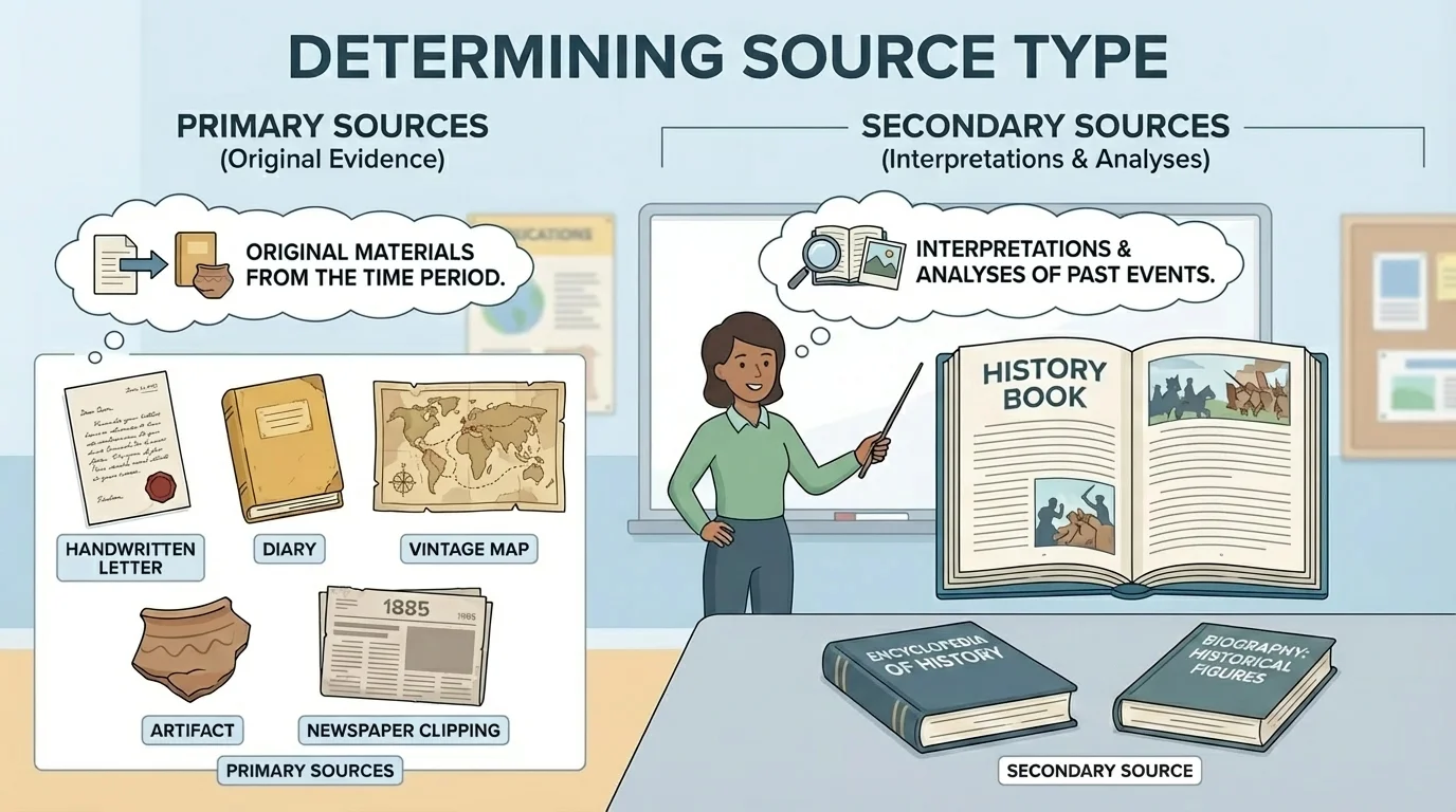 classroom-style illustration showing a history book and a teacher using old photos to explain the past, labeled as secondary sources