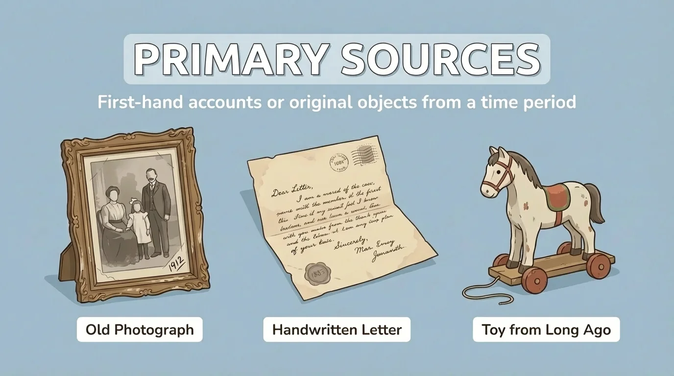 child-friendly illustration of an old photo, a handwritten letter, and a toy from long ago labeled as primary sources