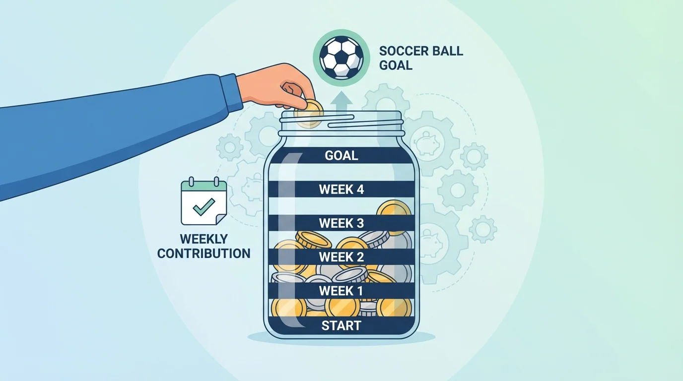 Child adding coins each week to a savings jar with progress marks toward a soccer ball goal
