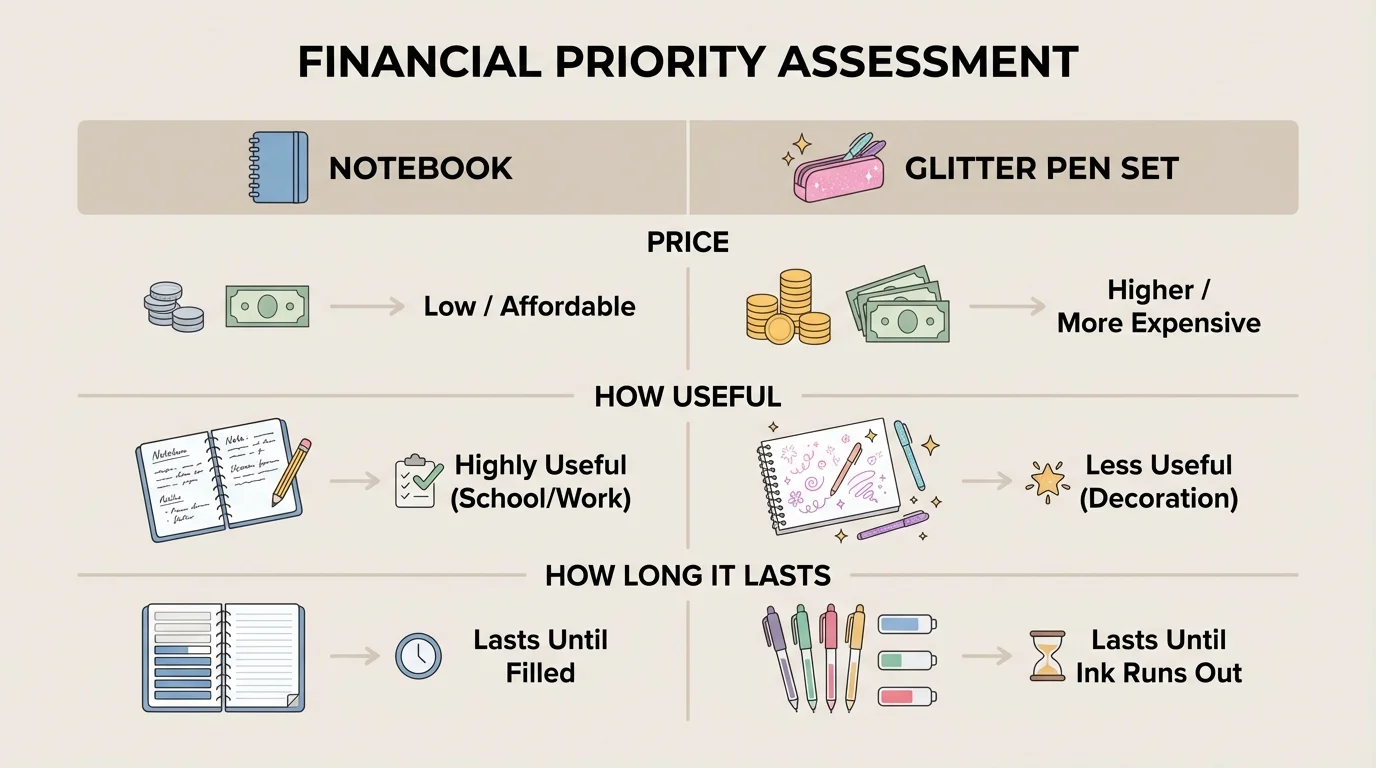 Comparison chart showing notebook versus glitter pen set, with columns for price, how useful, and how long it lasts