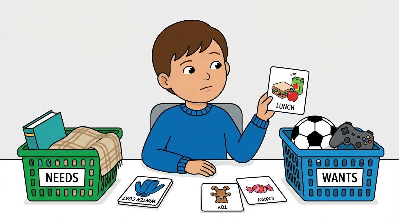Child looking at picture cards labeled lunch, winter coat, toy, and candy, with two baskets for needs and wants