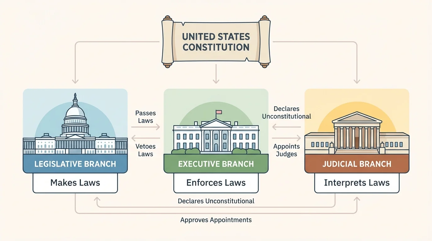 Constitution at the top with three branches below labeled Legislative makes laws, Executive enforces laws, Judicial interprets laws