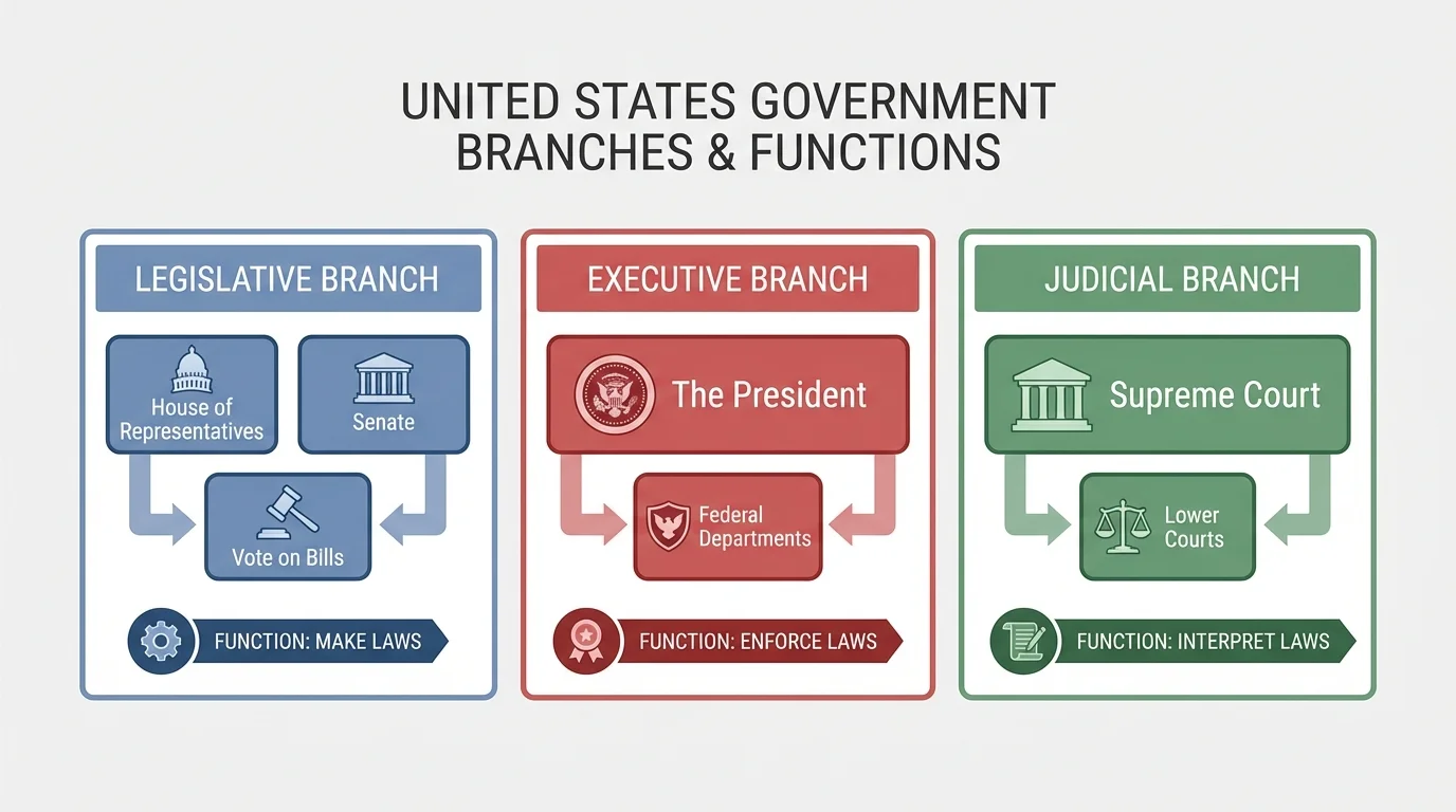Legislative Branch branching into House of Representatives and Senate with short labels for each chamber and arrows showing both vote on bills