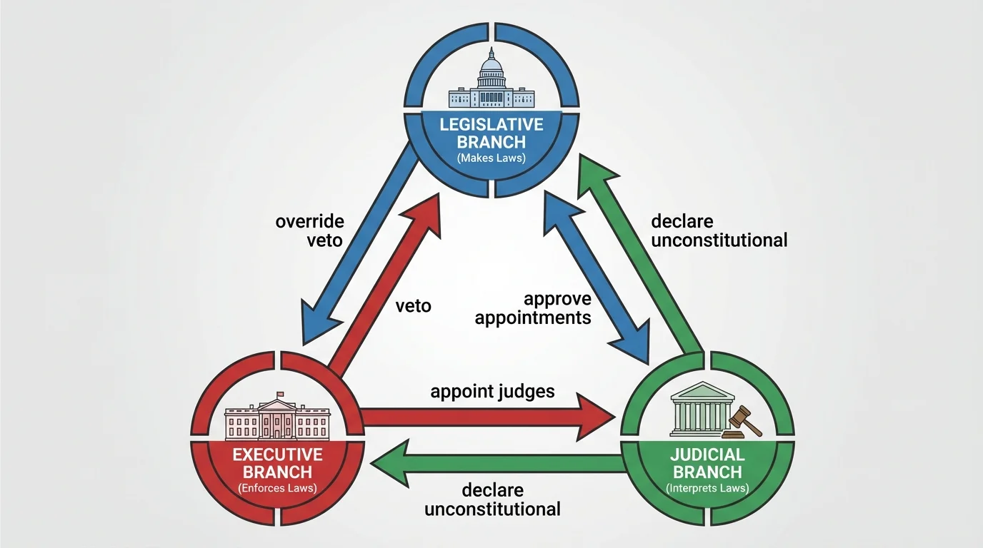 Triangle with Legislative, Executive, and Judicial at each point and arrows labeled veto, override veto, appoint judges, approve appointments, declare unconstitutional
