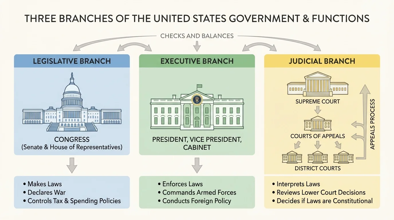Court system with Supreme Court at top and lower federal courts beneath, arrows showing cases moving upward through appeals