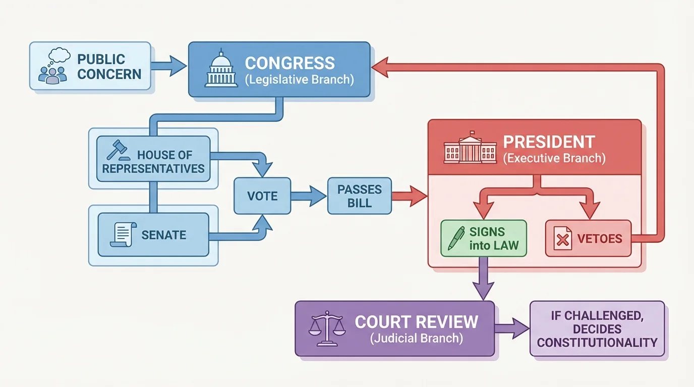 Flowchart from public concern to Congress writes bill to House and Senate vote to president signs or vetoes to court review if challenged