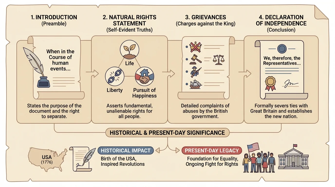 Diagram dividing the Declaration into introduction, natural rights statement, grievances, and declaration of independence