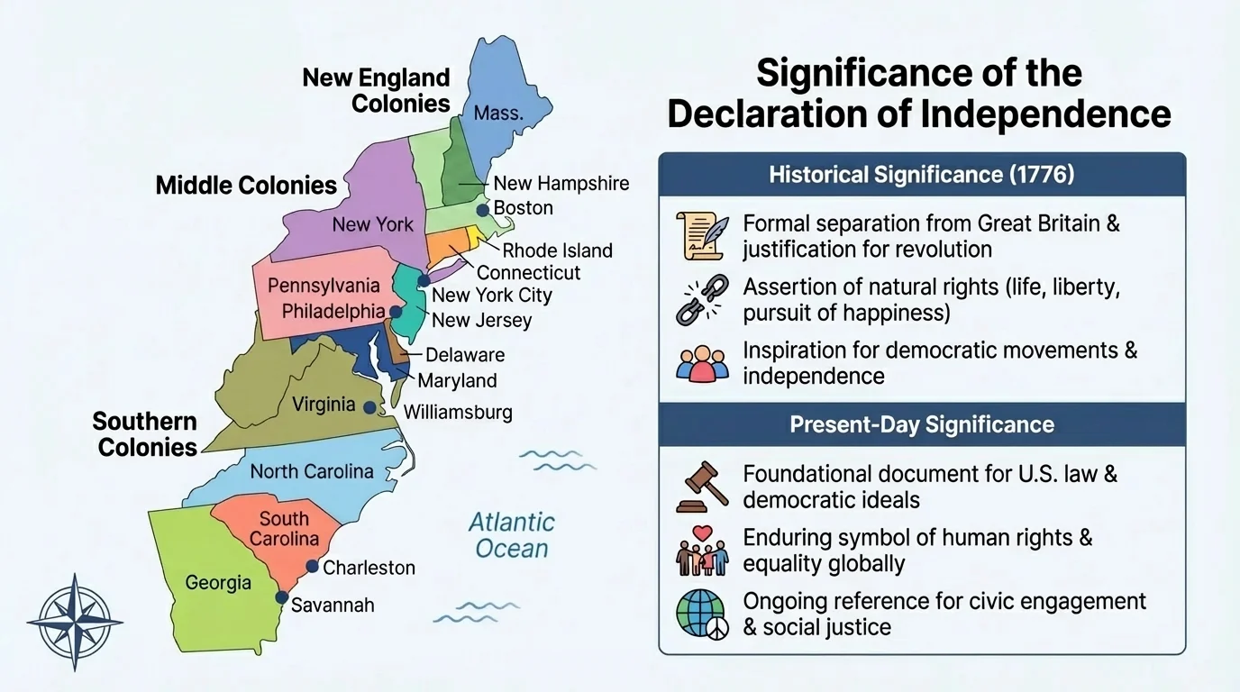 Simple map of the 13 British colonies on the Atlantic coast with major cities and the Atlantic Ocean labeled