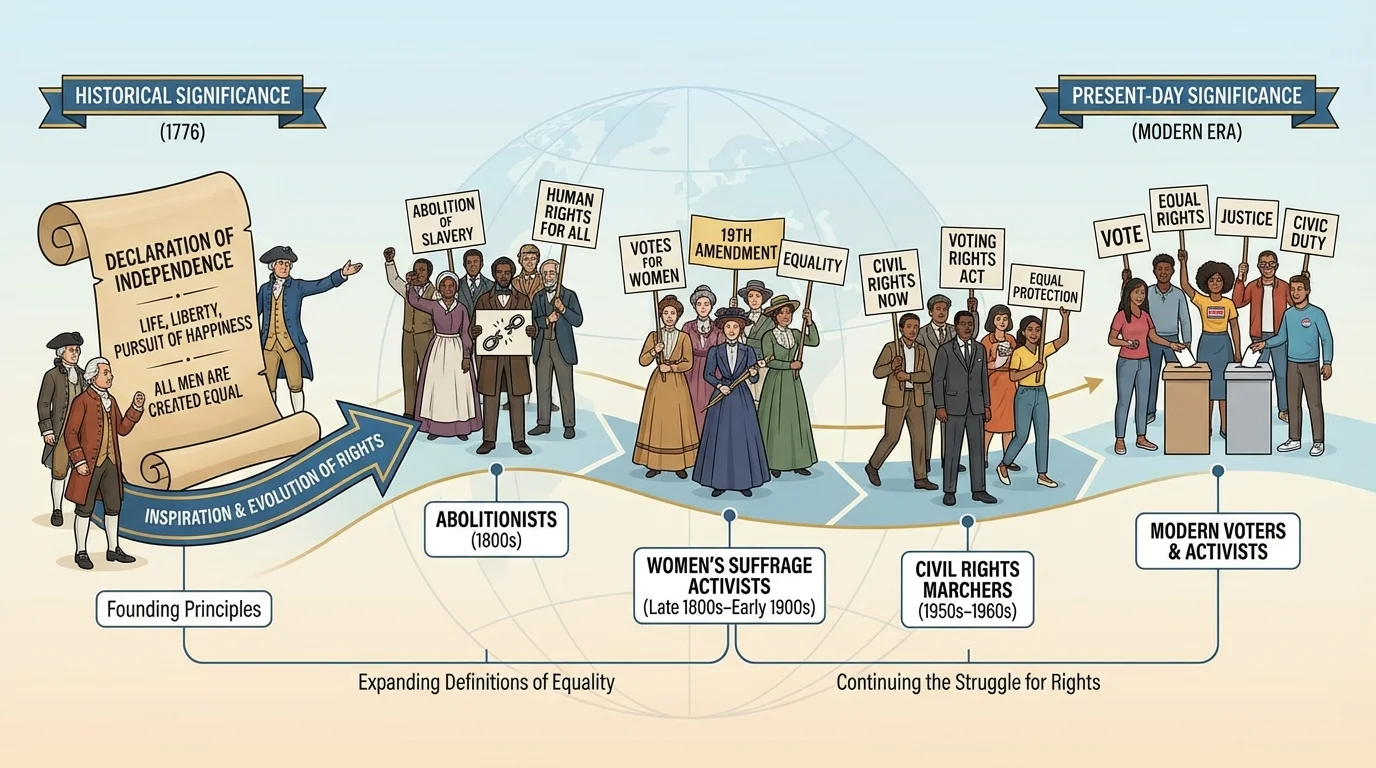 Illustration showing abolitionists, women's suffrage activists, civil rights marchers, and modern voters linked by signs about equality and rights