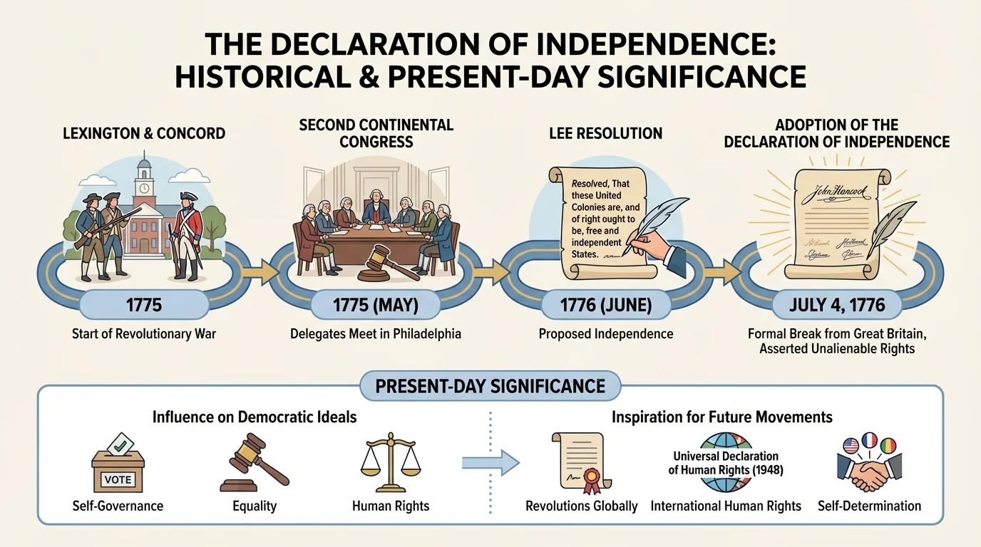 Short timeline with events such as Lexington and Concord, Second Continental Congress, Lee Resolution, and adoption of the Declaration